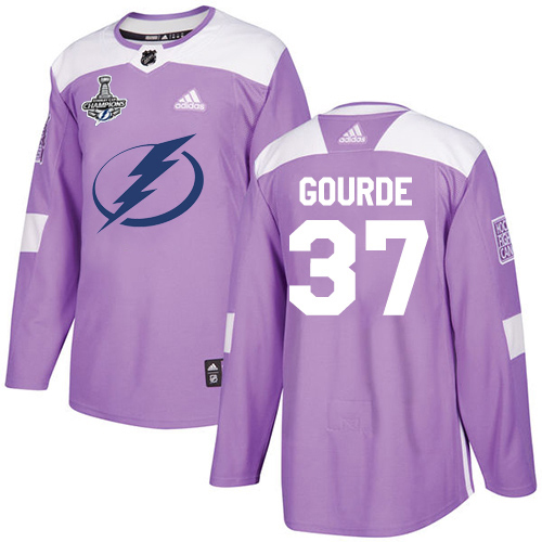 Men Adidas Tampa Bay Lightning #37 Yanni Gourde Purple Authentic Fights Cancer 2020 Stanley Cup Champions Stitched NHL Jersey